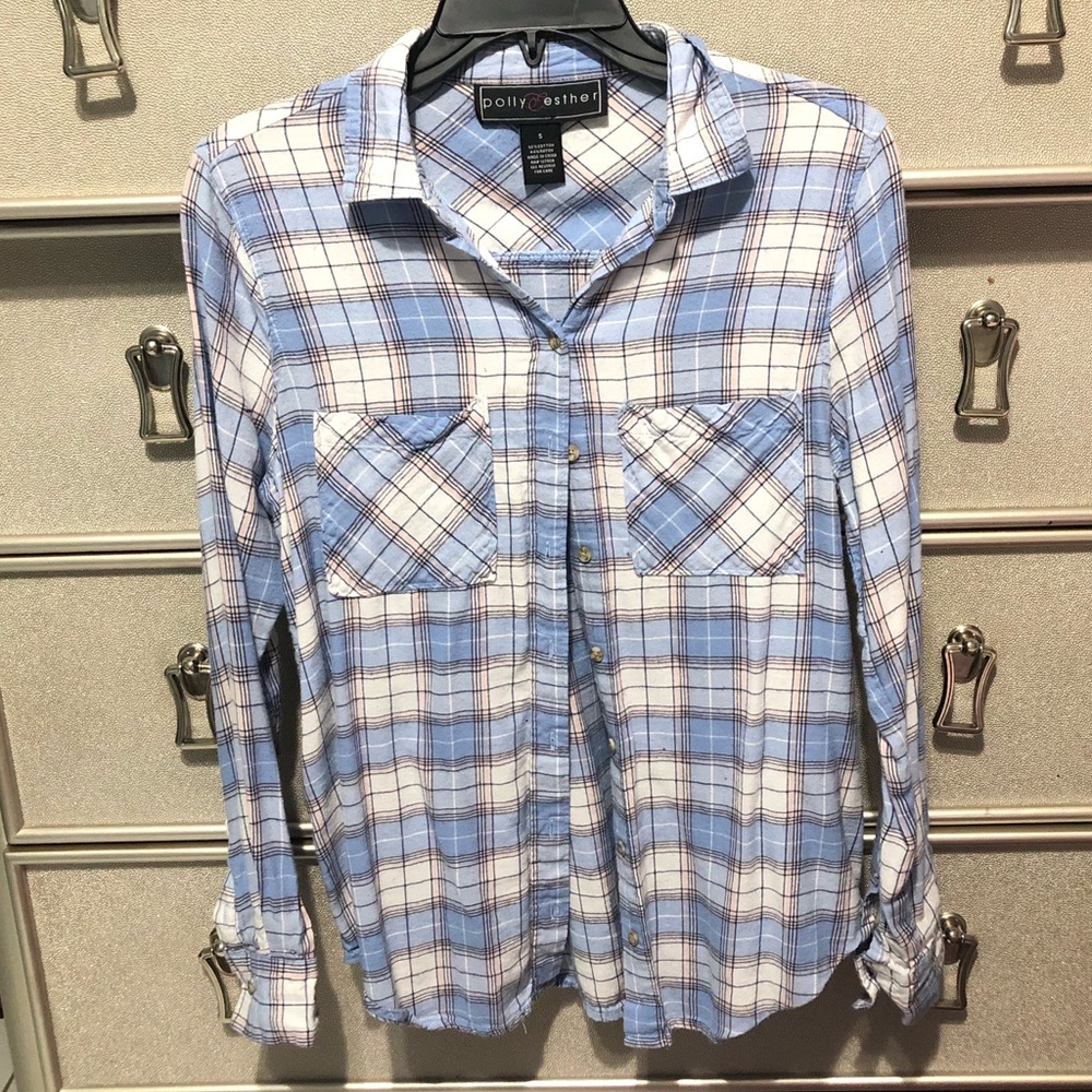 Blue and Pink Flannel Button Down Shirt
